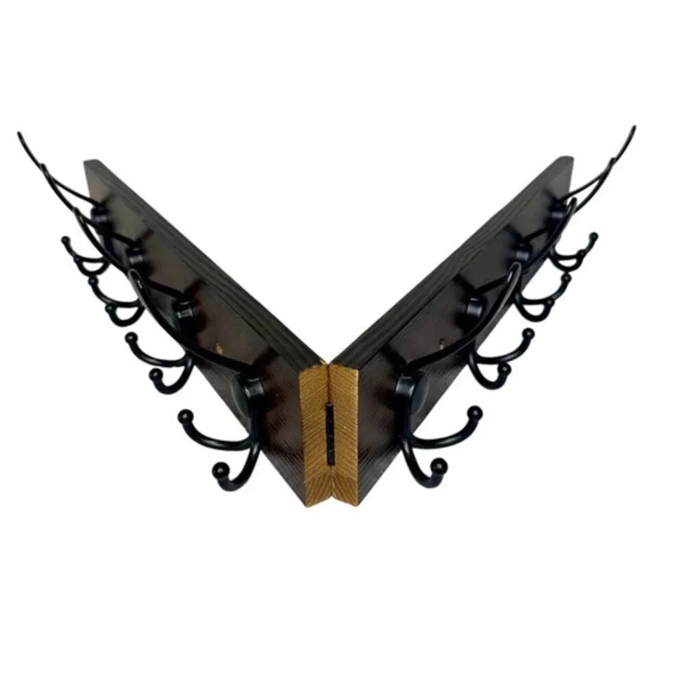 Folding Wood Wall Coat Rack Black Hooks Center Hinge 32